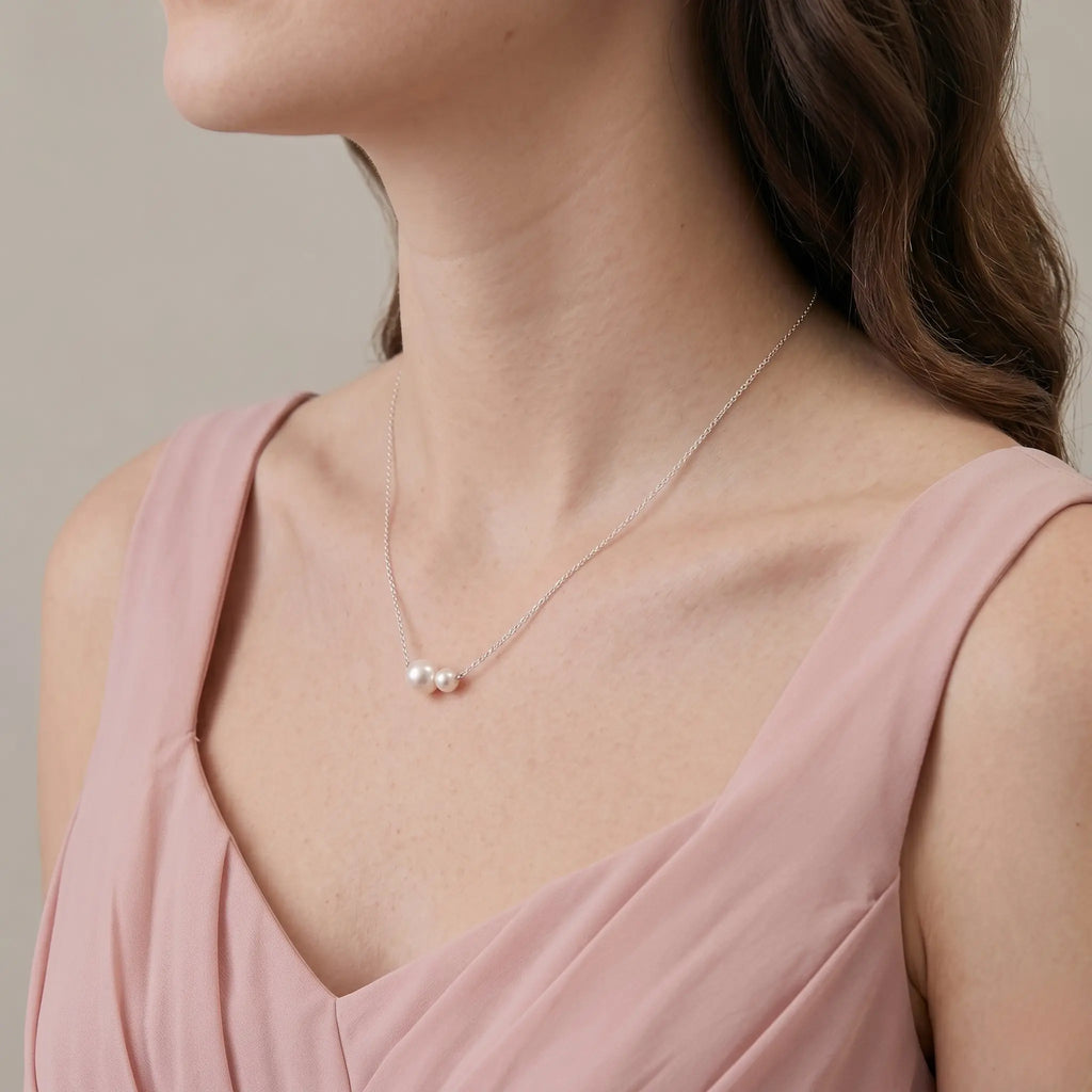 Minimalist Double Pearl Necklace, 925 Sterling Silver Freshwater Pearl Pendant, Dainty Bridesmaid Jewelry Gift for Her