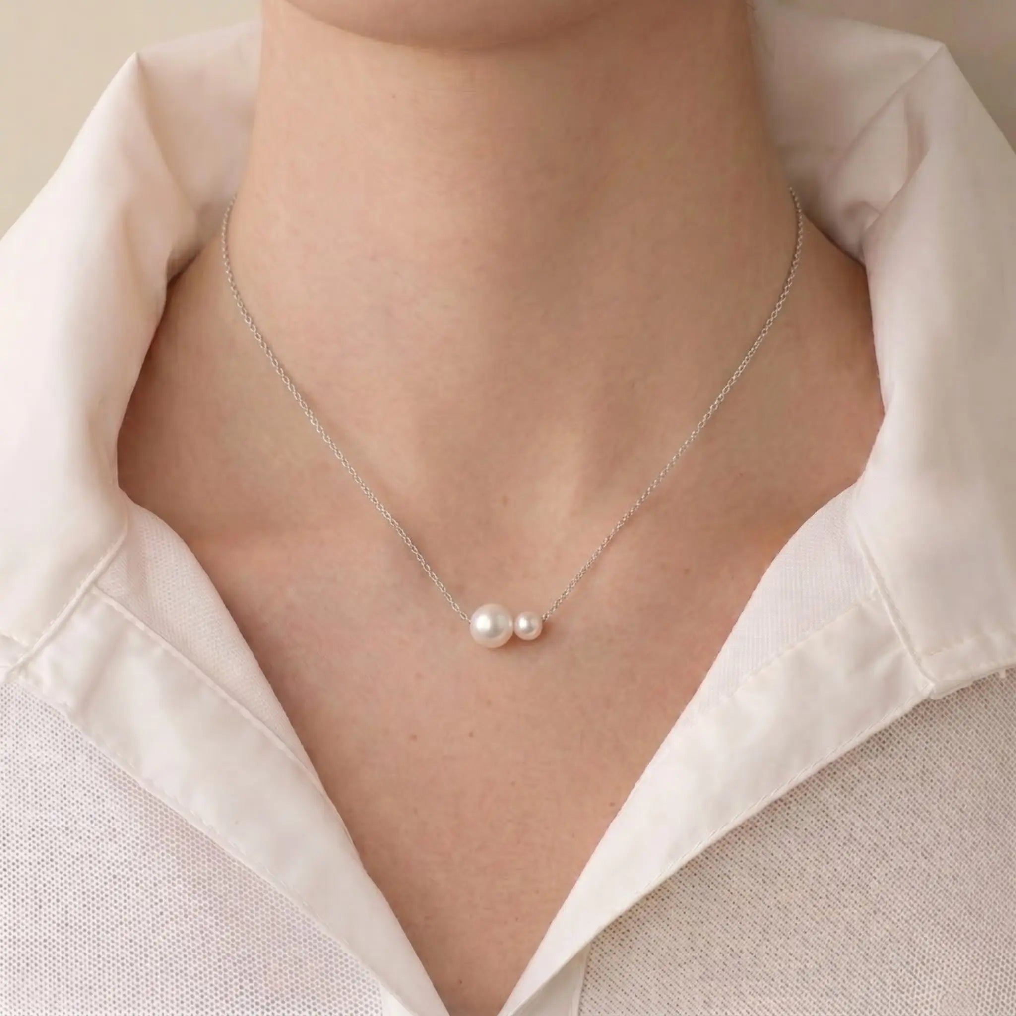 925 Sterling Silver Minimalist 5-7.5mm Double Freshwater Pearl Pendant Necklace