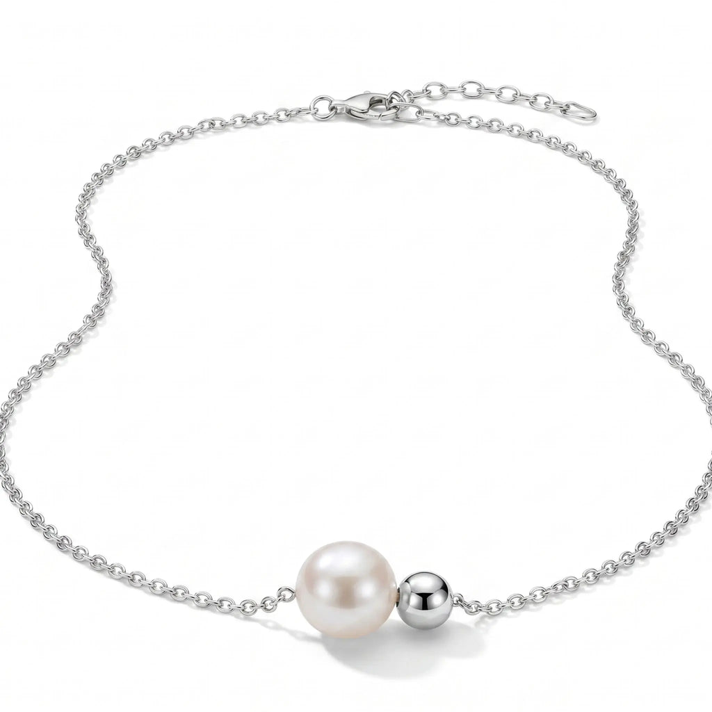 Two-Stone Pearl Duet Necklace in 18K White Gold over 925 Silver, Minimalist Double Bead O-Chain