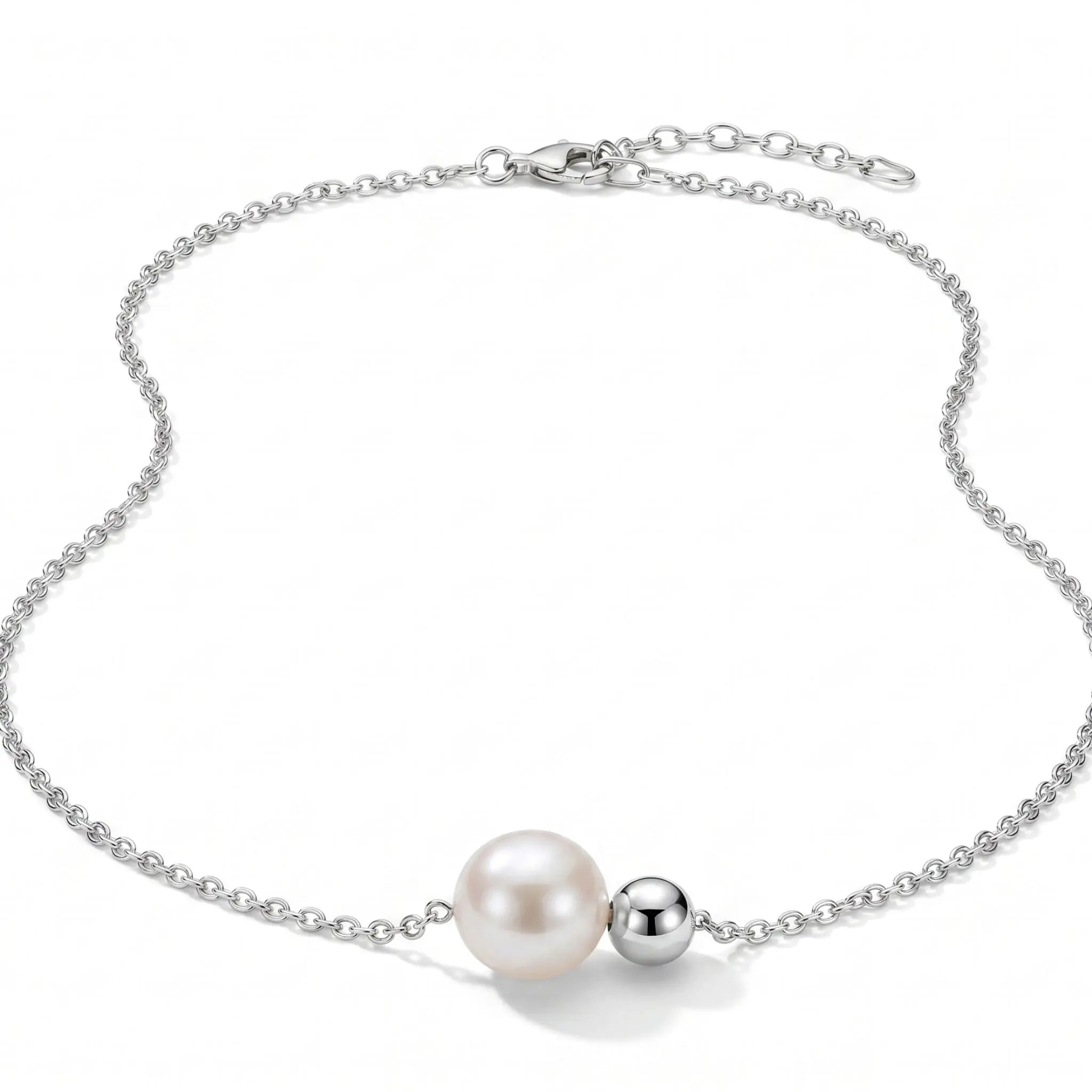 Two-Stone Pearl Duet Necklace in 18K White Gold over 925 Silver, Minimalist Double Bead O-Chain