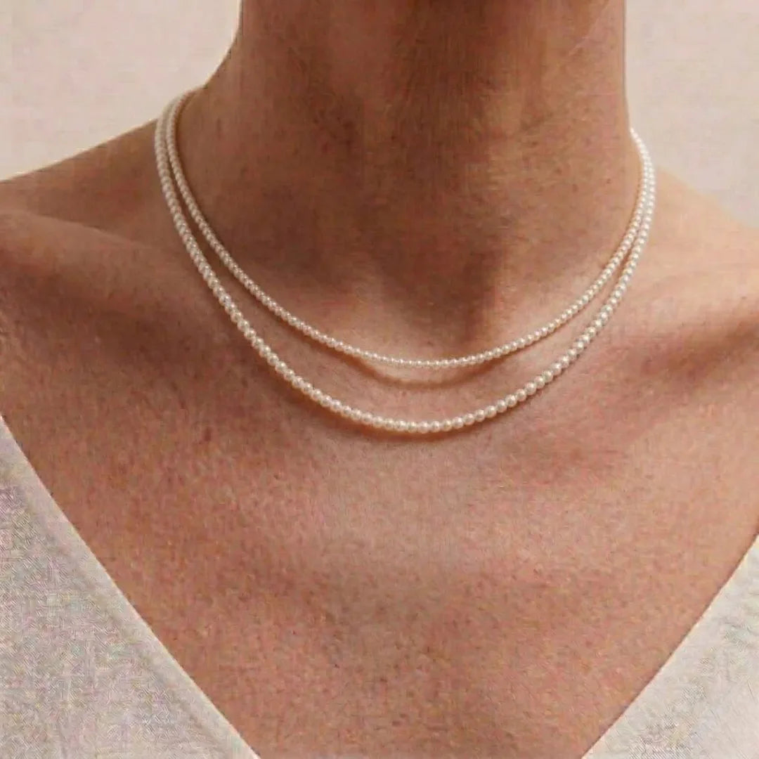 18K Gold Double-Strand Freshwater Pearl Necklace, AAA White Cultured Pearls