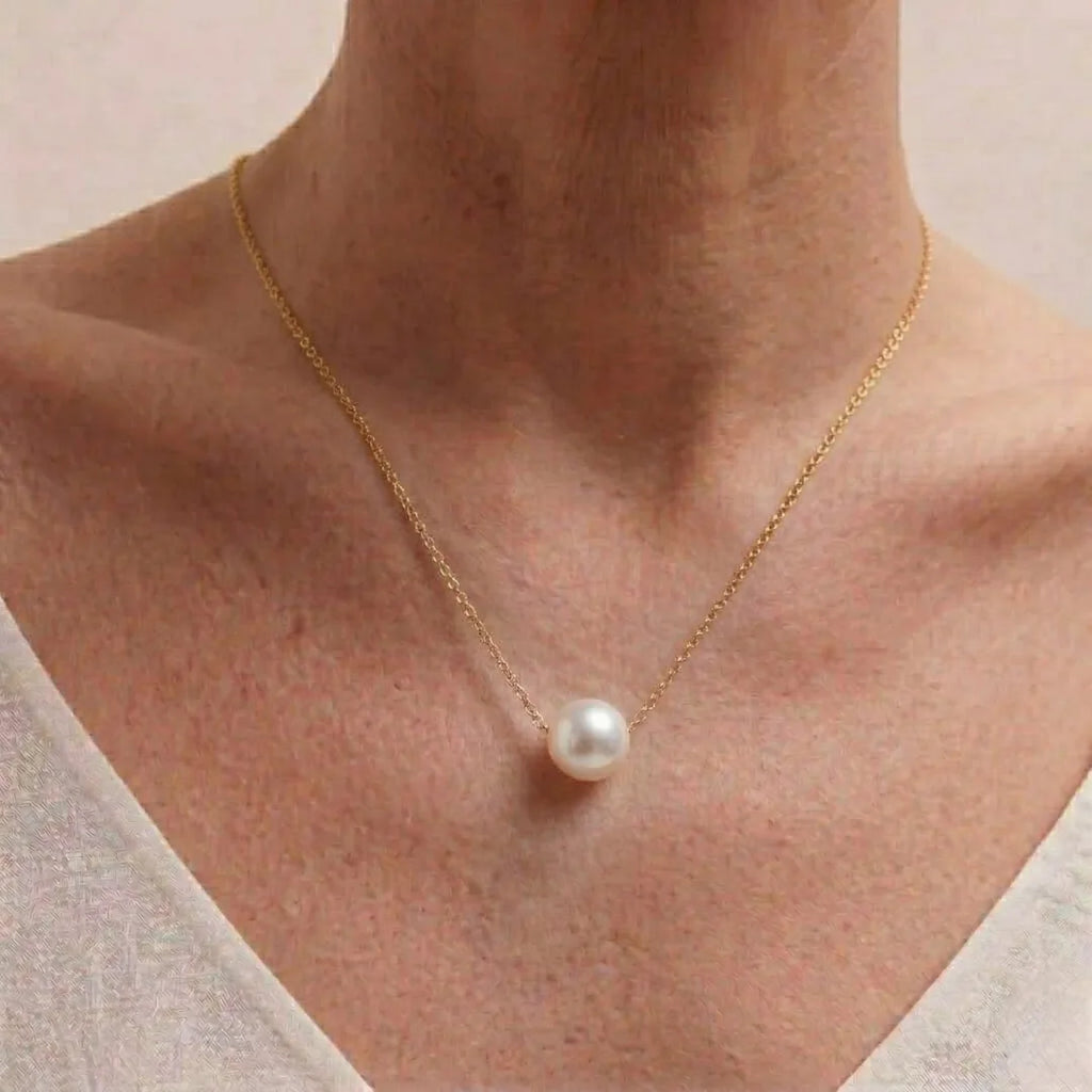 Solid 18K Gold Floating Freshwater Pearl Necklace Pendant 9-9.5mm