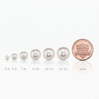 Pearl size chart with a penny for scale on a white background