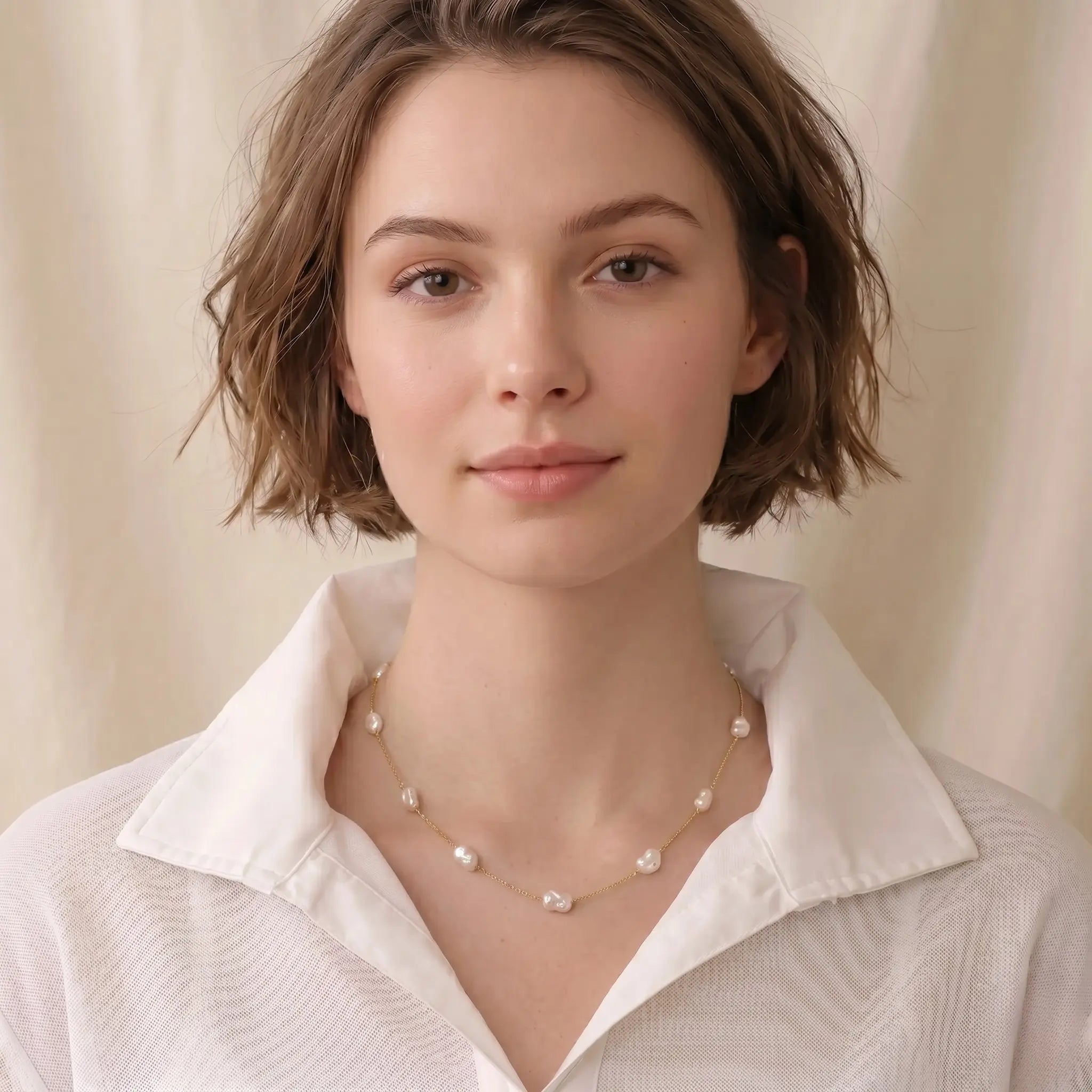 Organic 18K Solid Gold Baroque Pearl Station Necklace