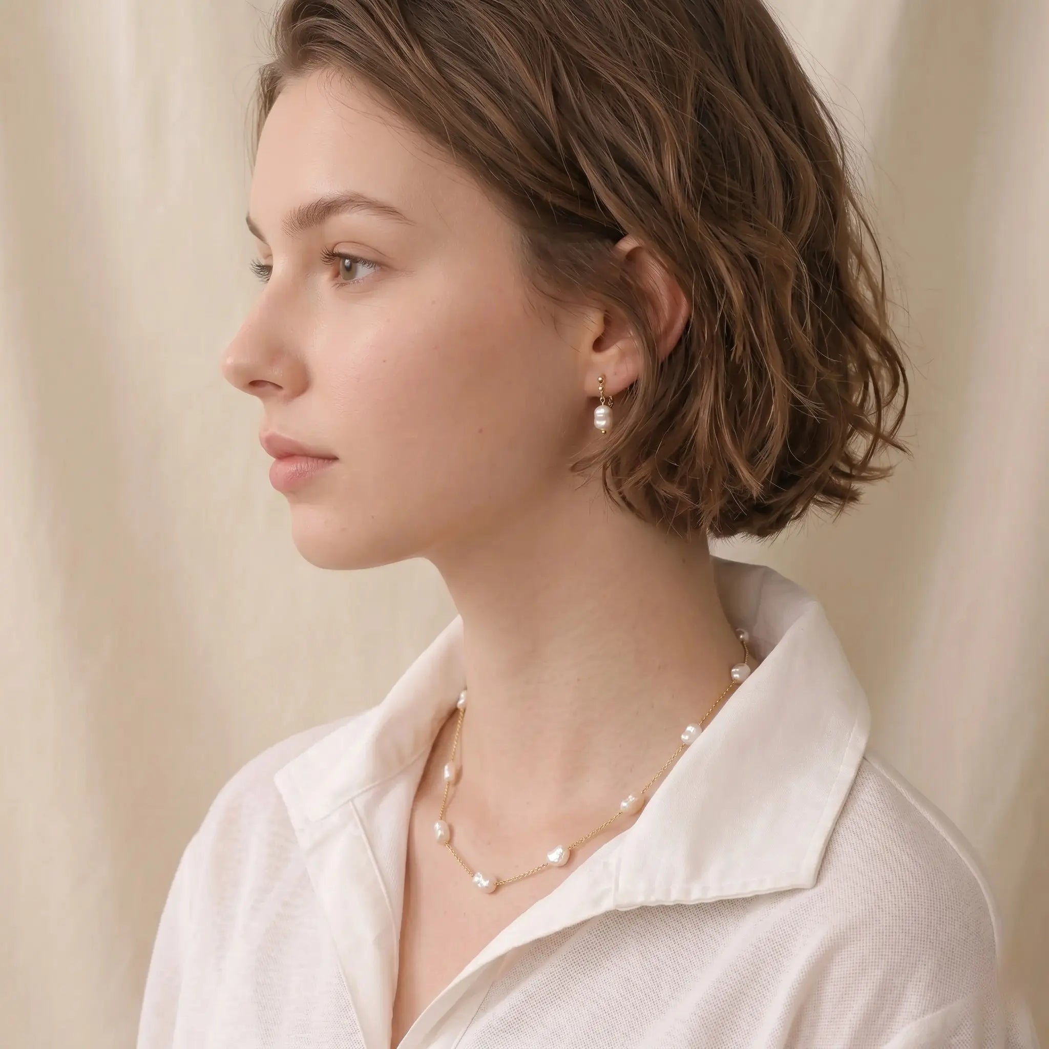 Organic 18K Solid Gold Baroque Pearl Station Necklace