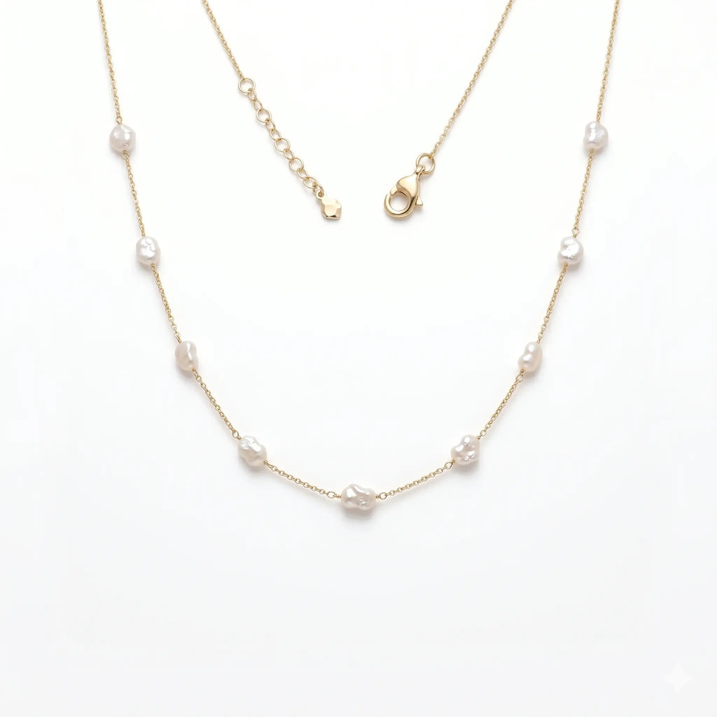 Organic 18K Solid Gold Baroque Pearl Station Necklace