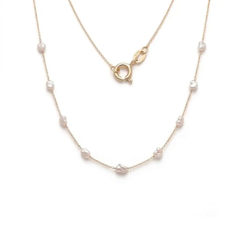 18K Solid Gold 4-5mm Baroque Pearl Station Necklace for Women