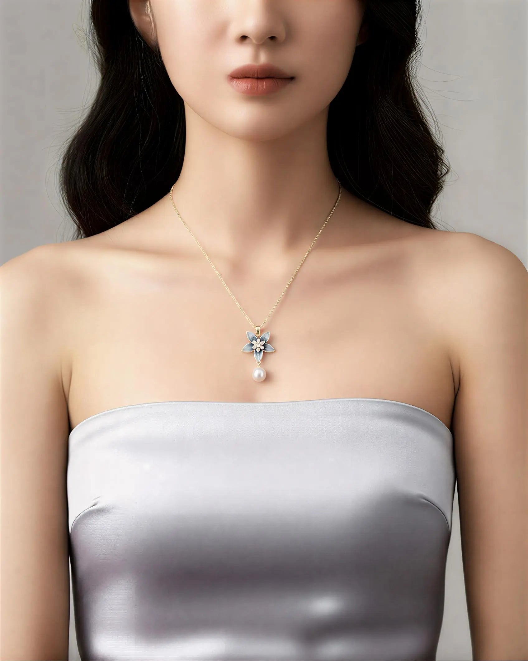 Bloomora – Delicate Enamel Blossom Necklace with AAA Grade Natural Pearl