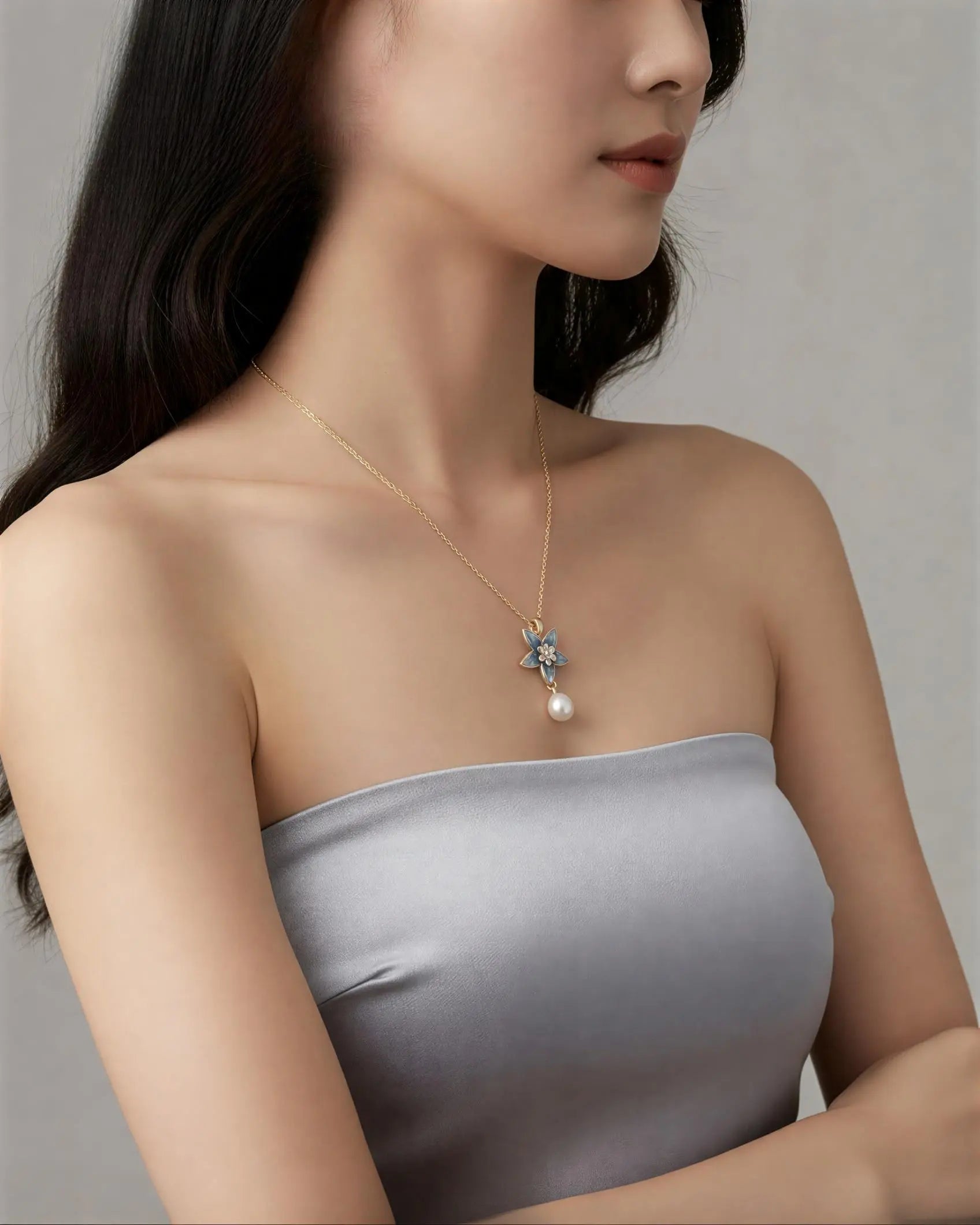 Bloomora – Delicate Enamel Blossom Necklace with AAA Grade Natural Pearl