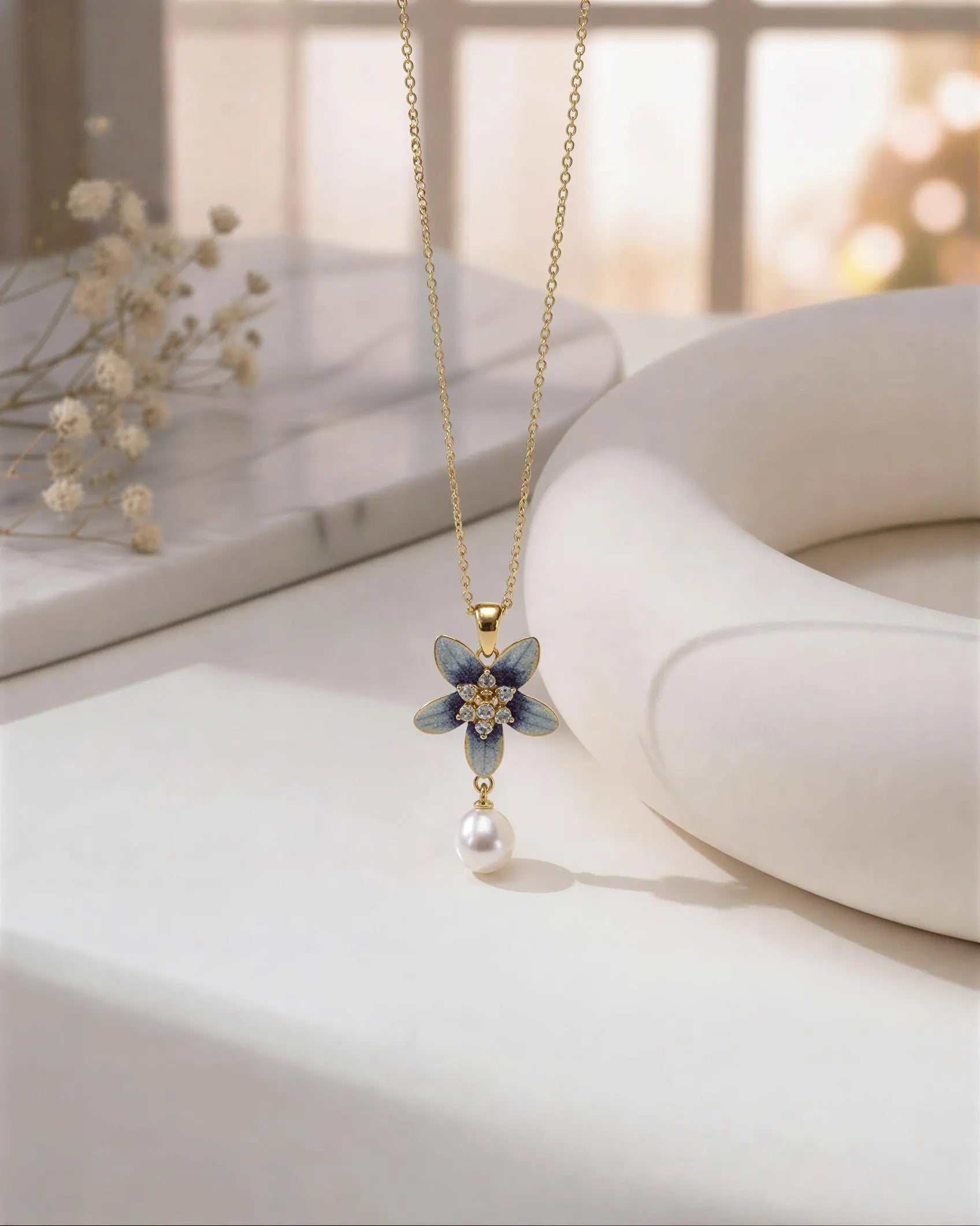 Bloomora – Delicate Enamel Blossom Necklace with AAA Grade Natural Pearl