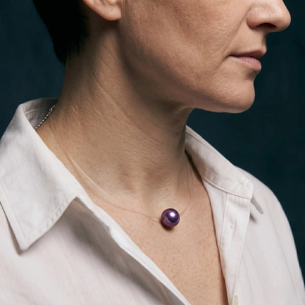 10-10.5mm Premium Edison Purple Pearl Floating Necklace - Invisible Chain Solitaire