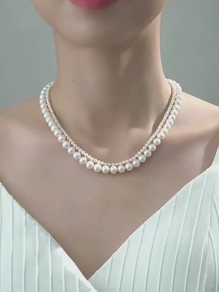 AAA Double-Strand Freshwater Pearl Necklace, 3-7.5mm Graduated White Pearls