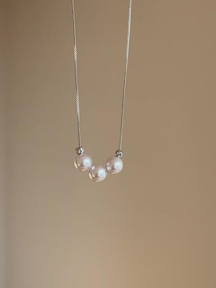 925 Sterling Silver Triple Pearl Necklace, 7-7.5mm White Freshwater Pearls