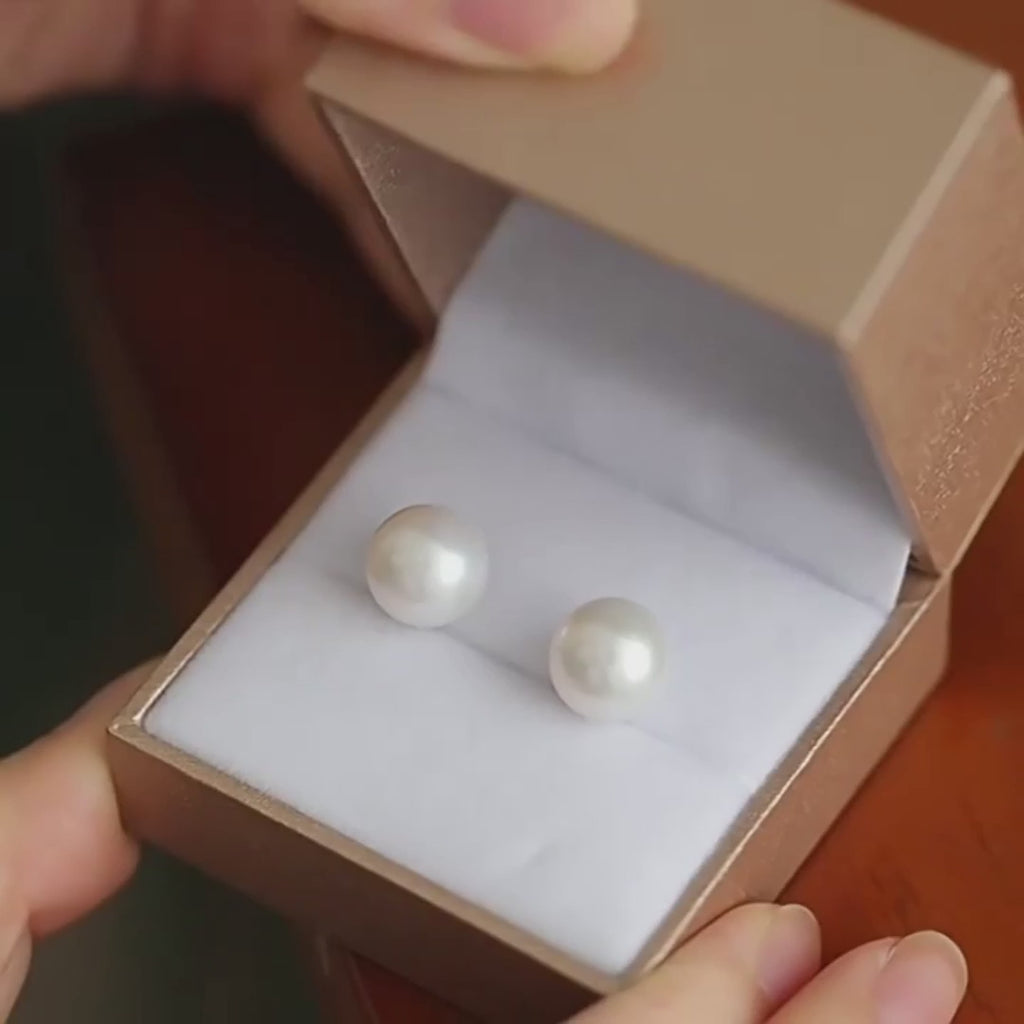 18K Gold Freshwater Pearl Stud Earrings, 10-12.5mm Large White Pearls