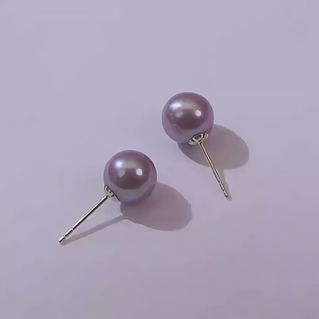 18K Gold Natural Purple Freshwater Pearl Stud Earrings, 5-8.5mm Lavender Pearls