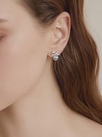 Sparkling Ribbon Bow Pearl Studs - Elegant 925 Silver Coquette Earrings