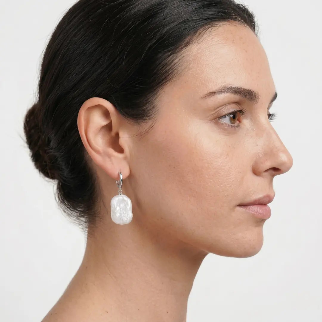 Rectangular Baroque Pearl Huggie Hoops, Rhodium Plated 925 Sterling Silver