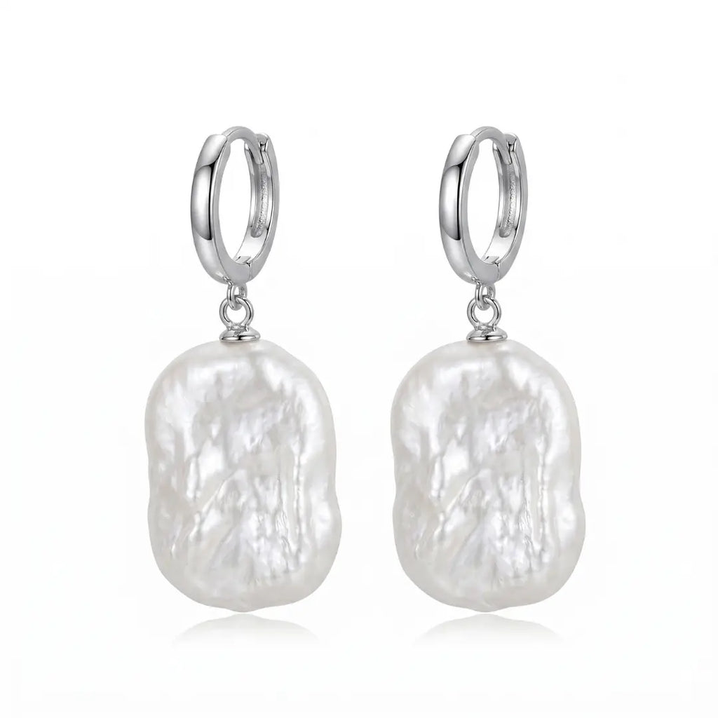 Rectangular Baroque Pearl Huggie Hoops, Rhodium Plated 925 Sterling Silver