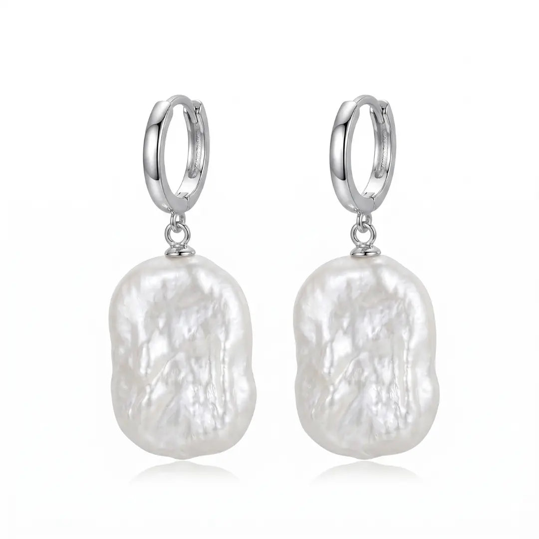 Rectangular Baroque Pearl Huggie Hoops, Rhodium Plated 925 Sterling Silver
