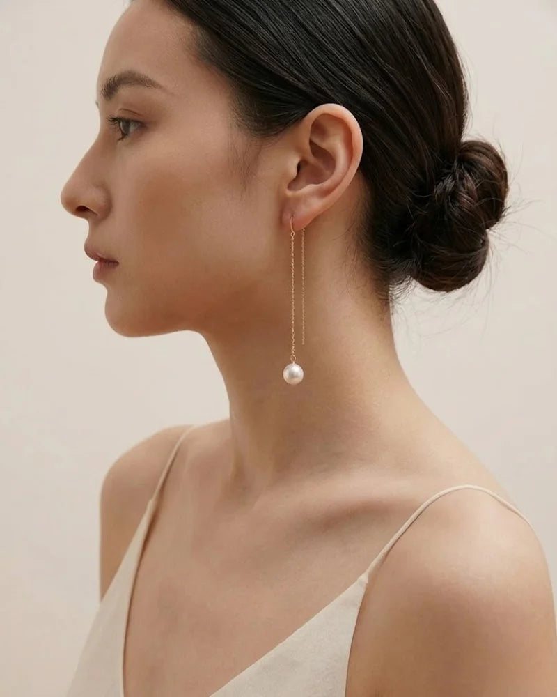 18K Solid Gold Japanese Akoya Pearl Threader Earrings