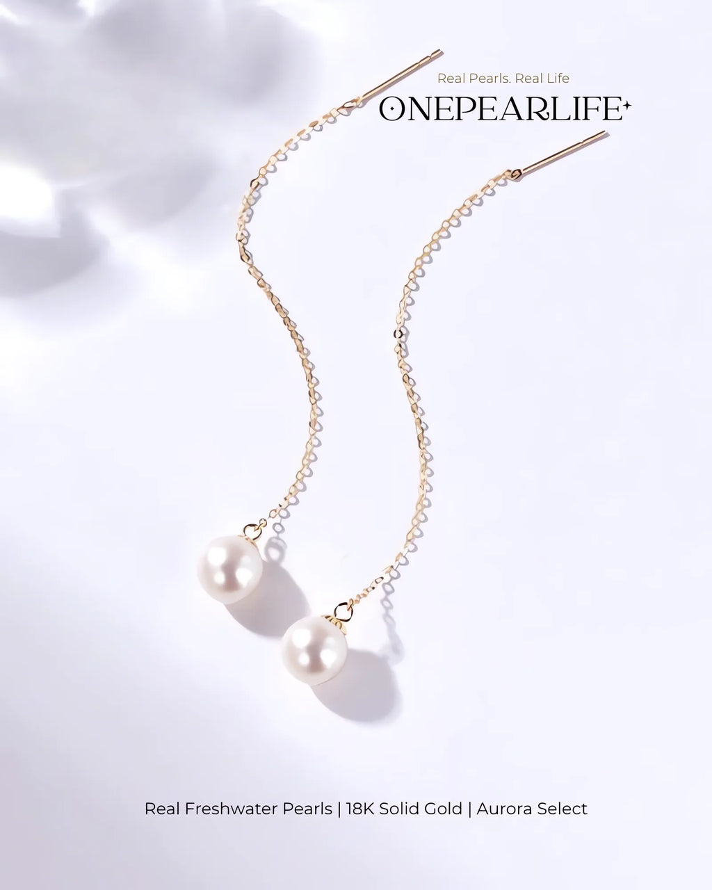 Seren – AAA Quality Natural Freshwater White Pearl Threader Earrings | 7–7.5mm | 18K Solid Gold