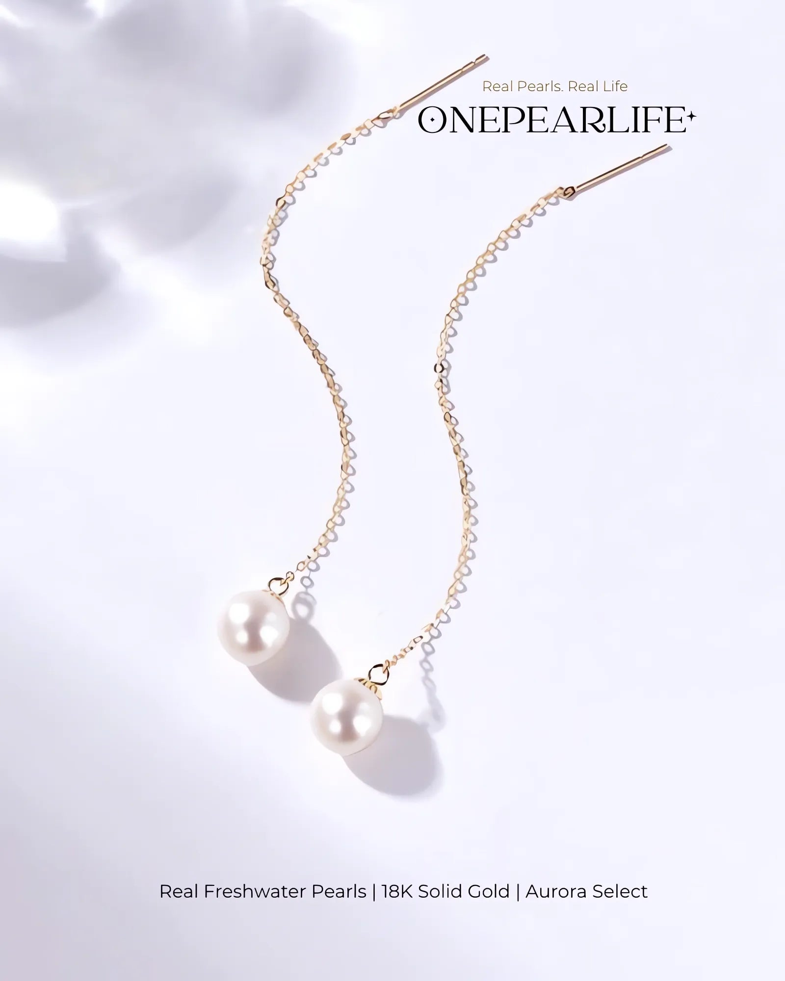 Seren – AAA Quality Natural Freshwater White Pearl Threader Earrings | 7–7.5mm | 18K Solid Gold