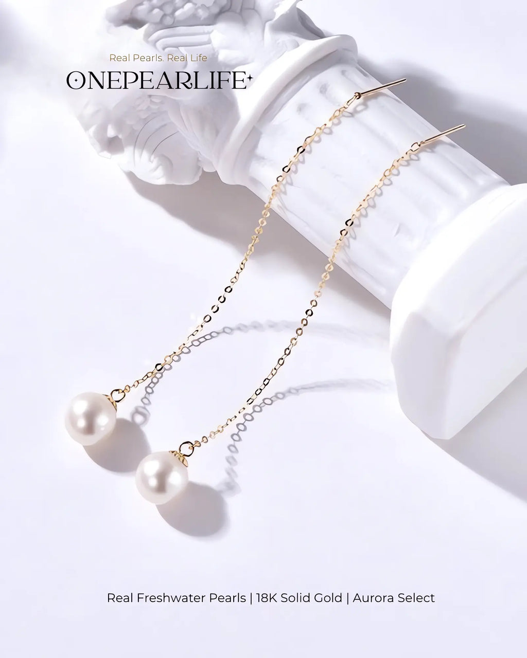 Seren – AAA Quality Natural Freshwater White Pearl Threader Earrings | 7–7.5mm | 18K Solid Gold