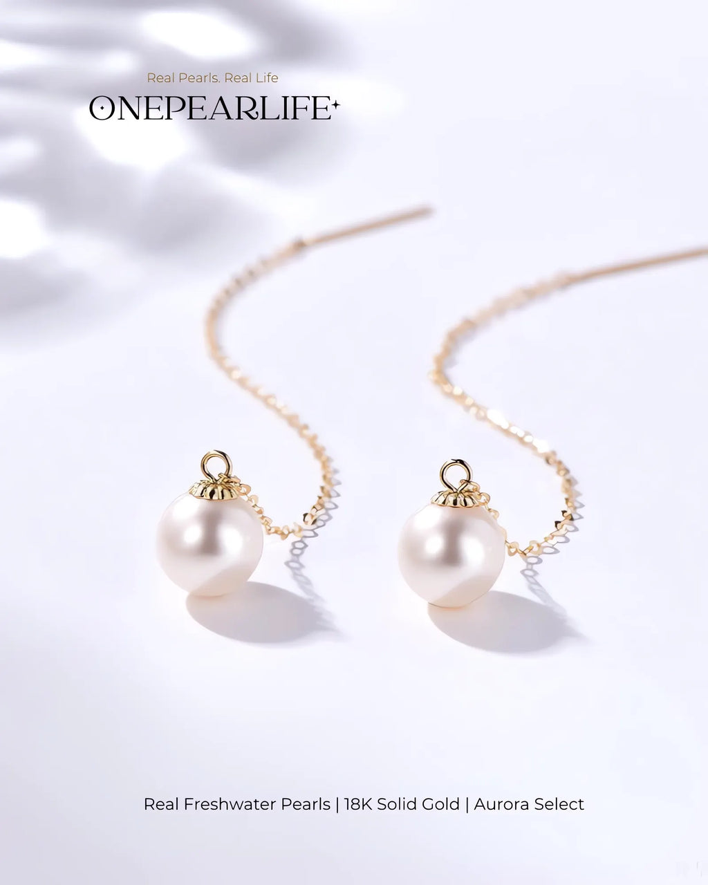 Seren – AAA Quality Natural Freshwater White Pearl Threader Earrings | 7–7.5mm | 18K Solid Gold