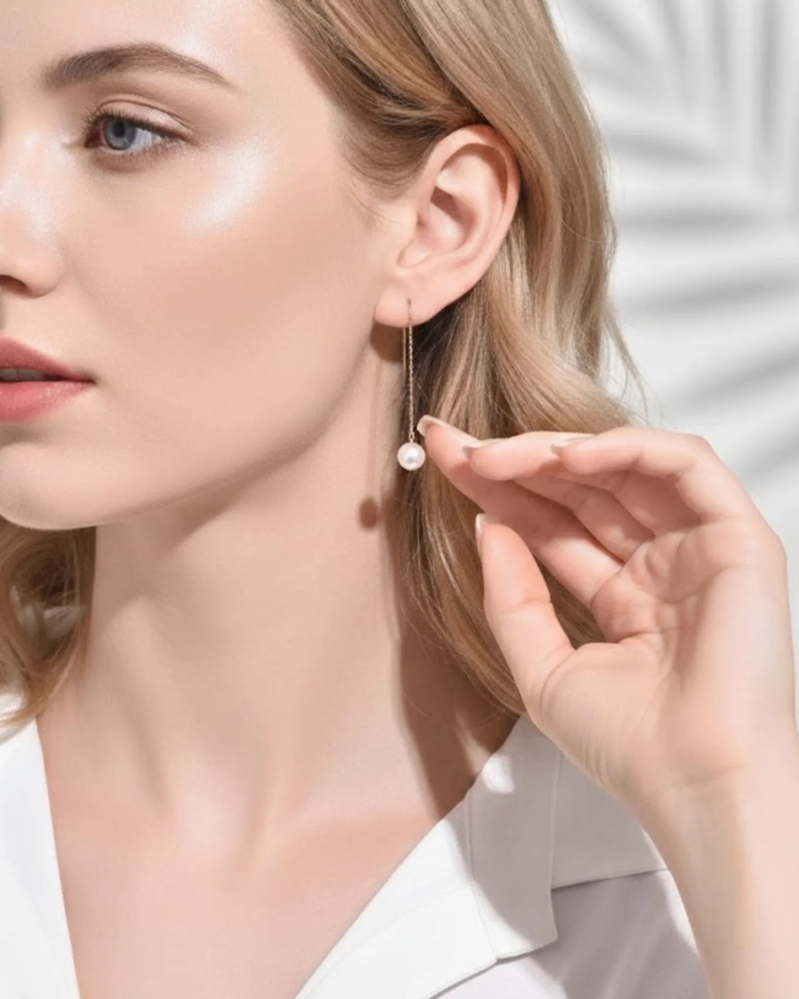 Seren – AAA Quality Natural Freshwater White Pearl Threader Earrings | 7–7.5mm | 18K Solid Gold