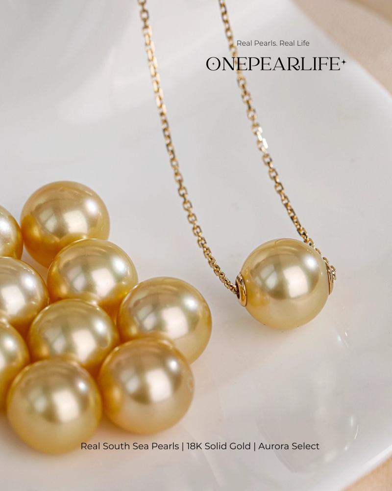 Solara AAA+ Quality Natural South Sea Golden Pearl Pendant – 18K Solid Gold, Close-up Pearl Detail, 9–9.5mm | Onepearlife