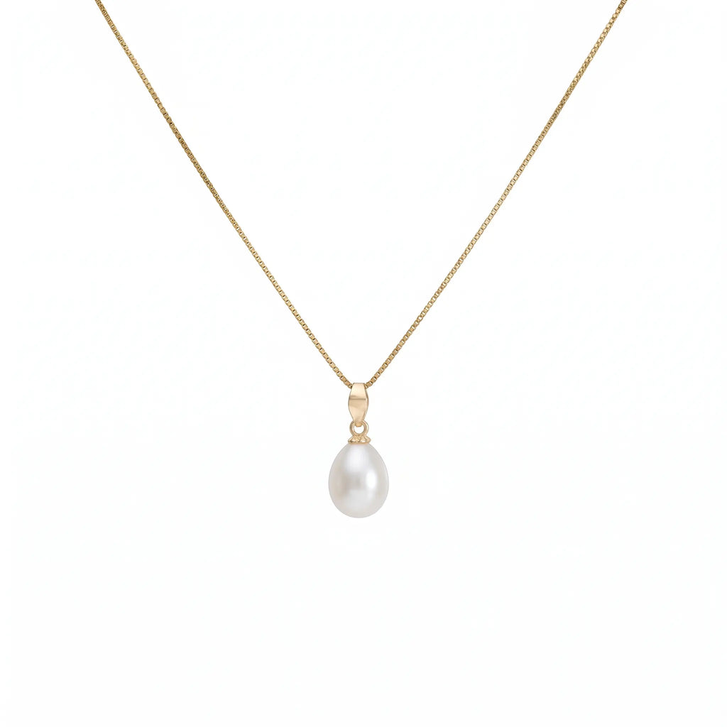 18K Solid Gold Teardrop Pearl Pendant Necklace 6-7mm