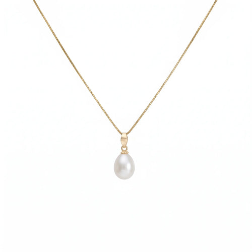 18K Solid Gold Teardrop Pearl Pendant Necklace 6-7mm