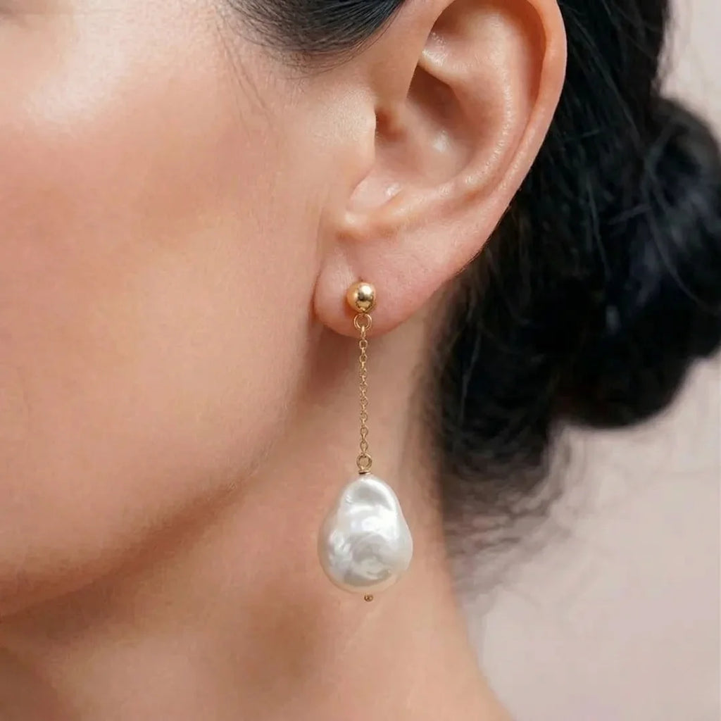18K Gold Baroque Pearl Drop Earrings, Large White Teardrop Pearls for Women