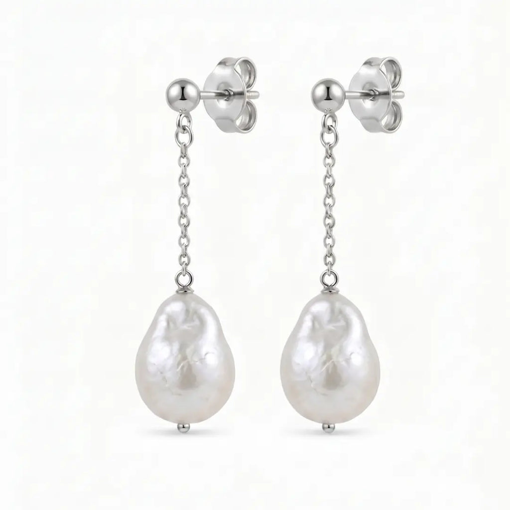 18K Gold Baroque Pearl Drop Earrings, Large White Teardrop Pearls for Women