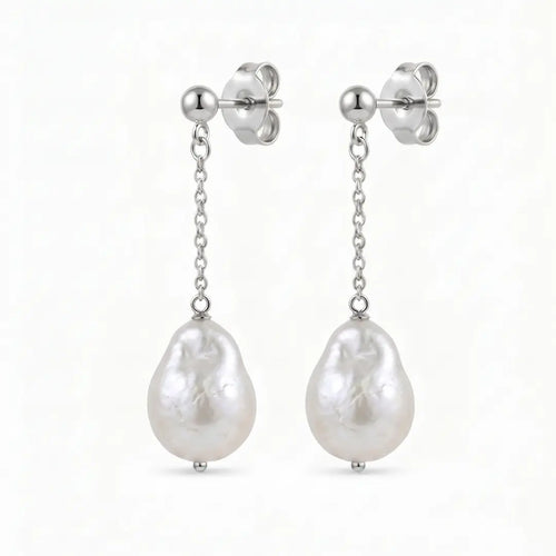 18K Gold Baroque Pearl Drop Earrings, Large White Teardrop Pearls for Women