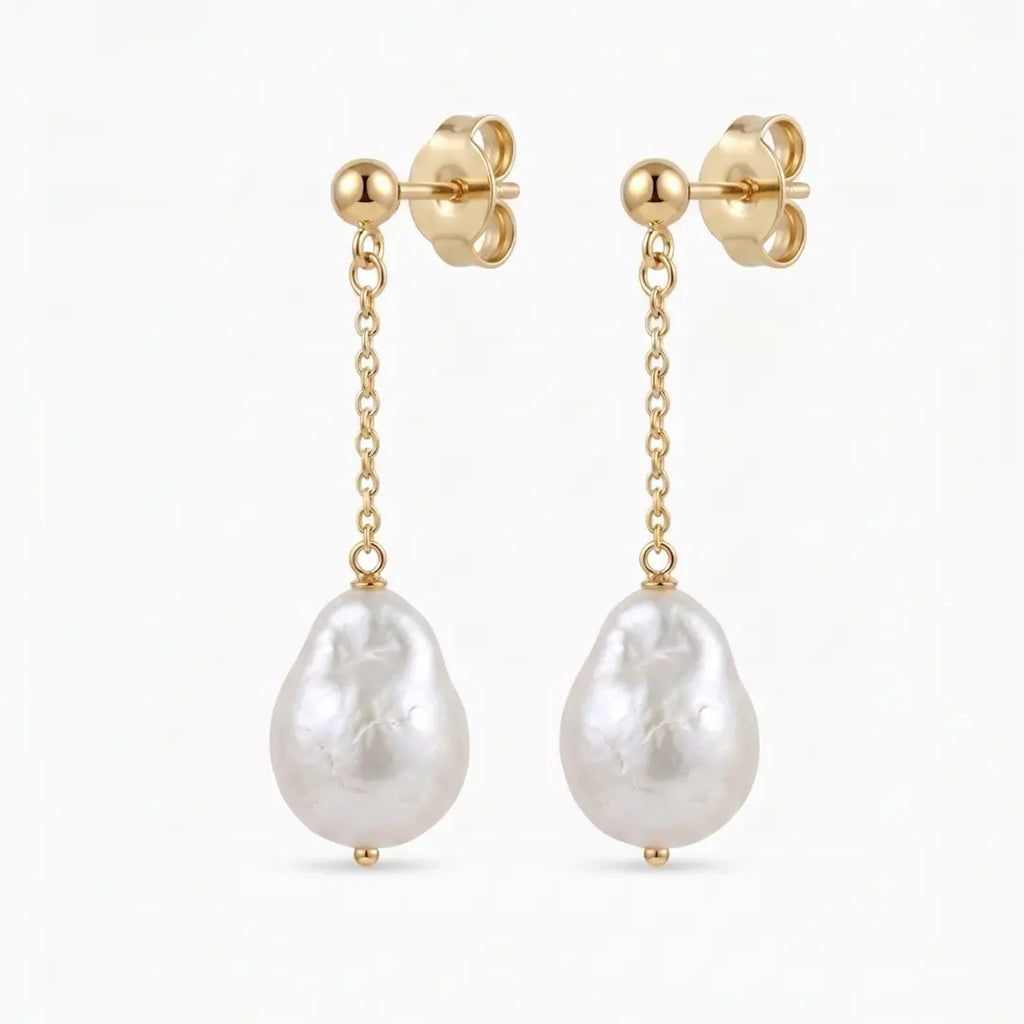 18K Gold Baroque Pearl Drop Earrings, Large White Teardrop Pearls for Women
