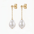 18K Gold Baroque Pearl Drop Earrings, Large White Teardrop Pearls for Women