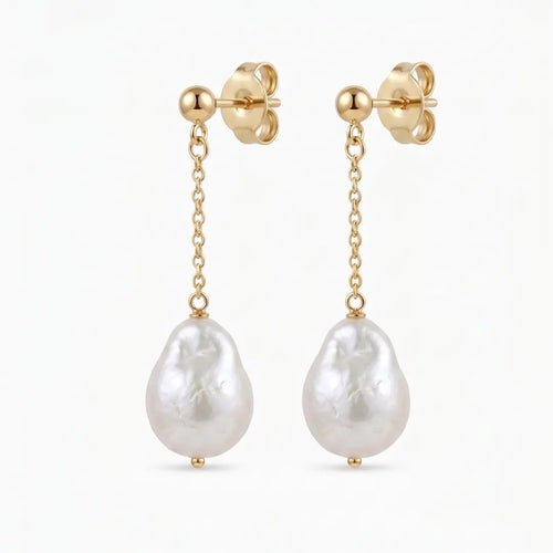 18K Solid Gold 11–12mm Organic Baroque Pearl Chain Drop Earrings