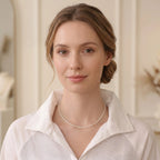 Sharp front portrait of an executive woman wearing a crisp white workplace blouse, accessorized with a streamlined, bulk-free micro pearl chain.