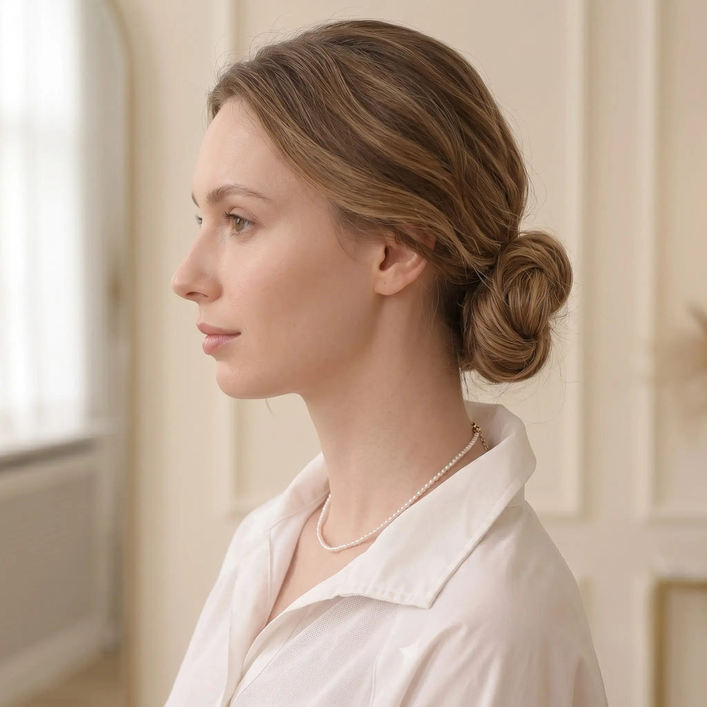 Side profile close-up of a woman's neck, showcasing the clean fixed closure of an 18k solid gold Au750 micro pearl necklace without extension chains.