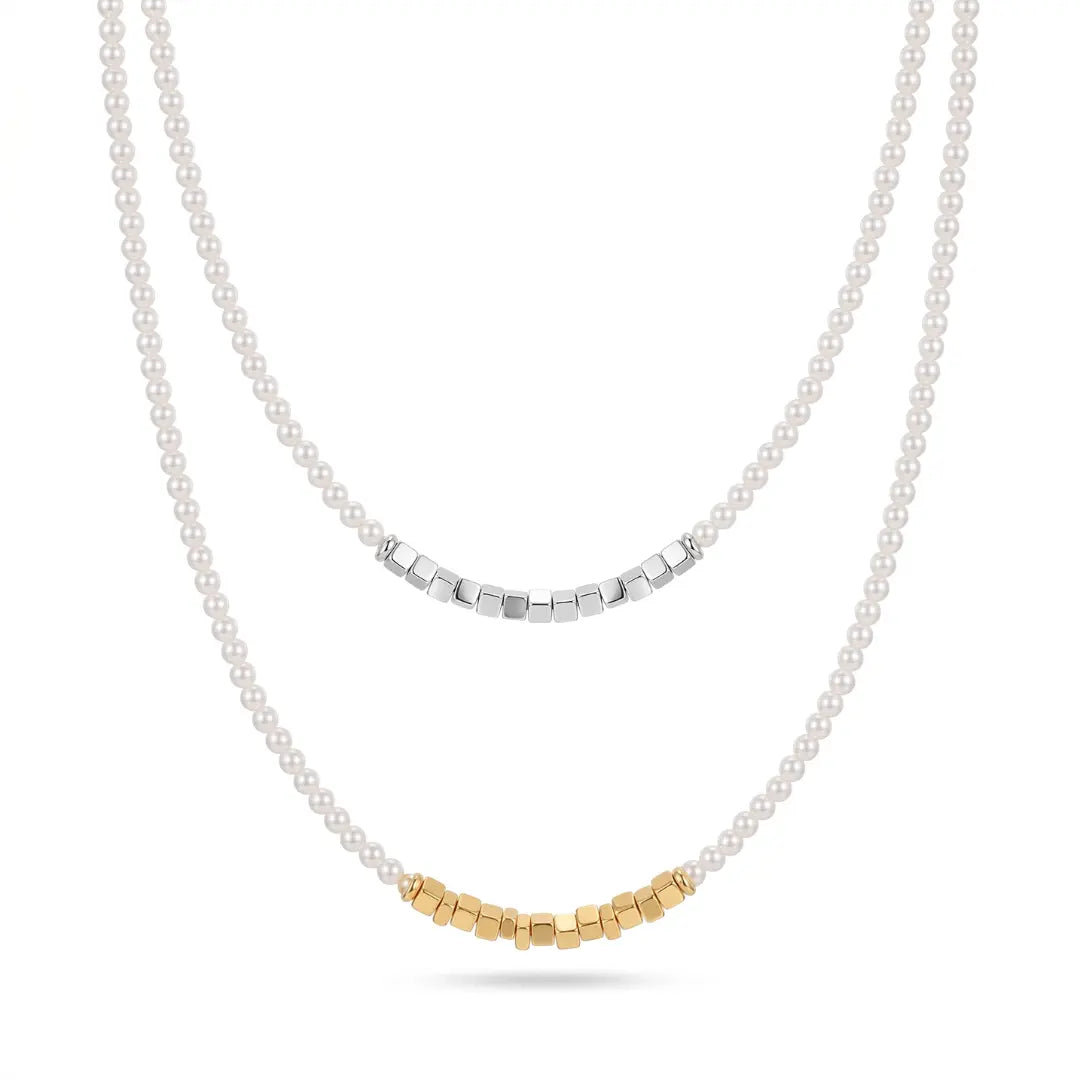 3-3.5mm Tiny Round Pearl & Silver Nugget Necklace - 18K Gold Vermeil 925 Silver