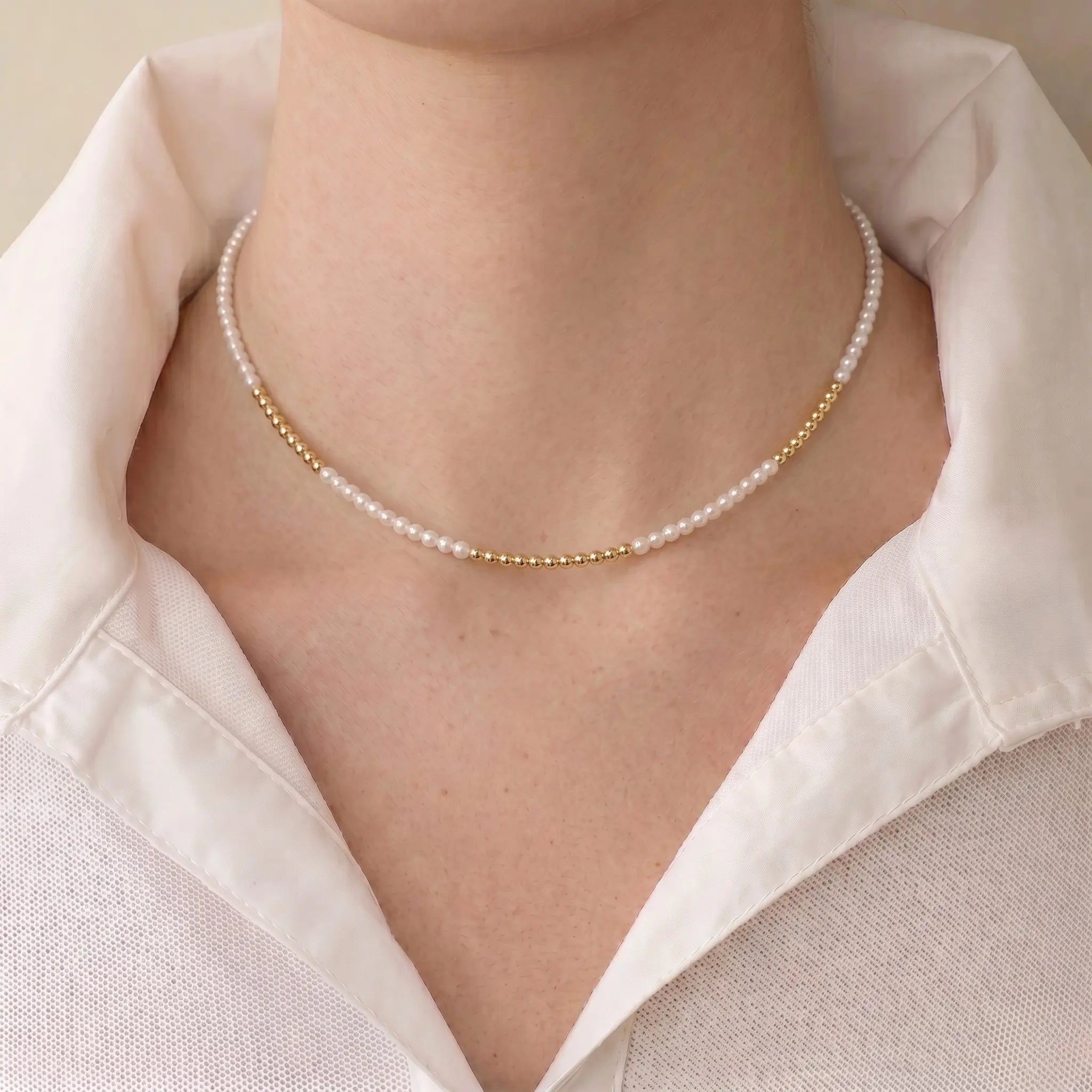 Vintage 2-2.5mm Seed Pearl Necklace, Dainty Gold Tone Mini Pearl Choker