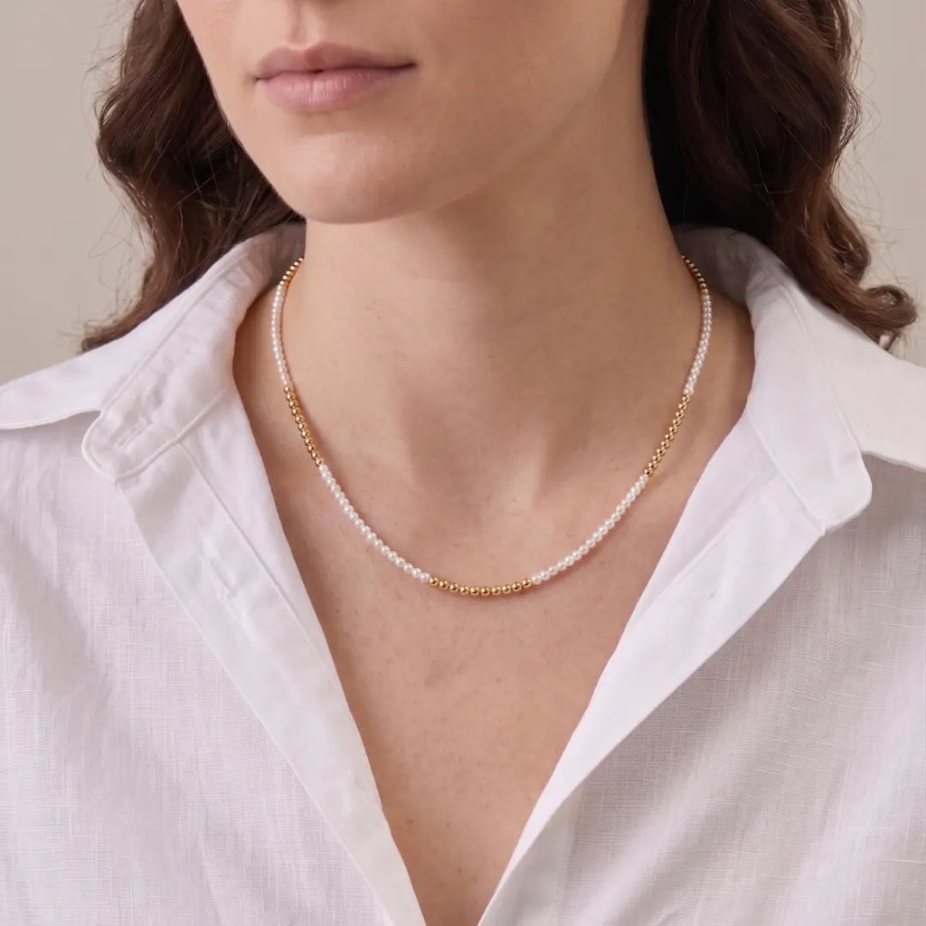 Vintage 2-2.5mm Seed Pearl Necklace, Dainty Gold Tone Mini Pearl Choker
