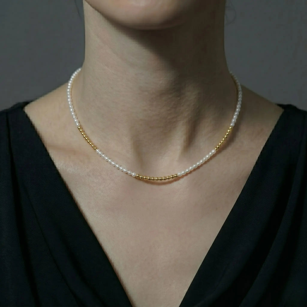 Vintage 2-2.5mm Seed Pearl Necklace, Dainty Gold Tone Mini Pearl Choker