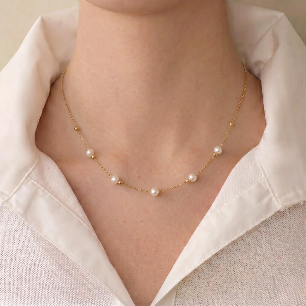 Versatile 18K Solid Gold Sliding Pearl Necklace, 2-in-1 Station 5-5.5mm Freshwater Pearl Choker for Women