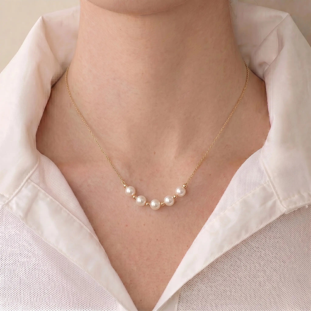 Versatile 18K Solid Gold Sliding Pearl Necklace, 2-in-1 Station 5-5.5mm Freshwater Pearl Choker for Women