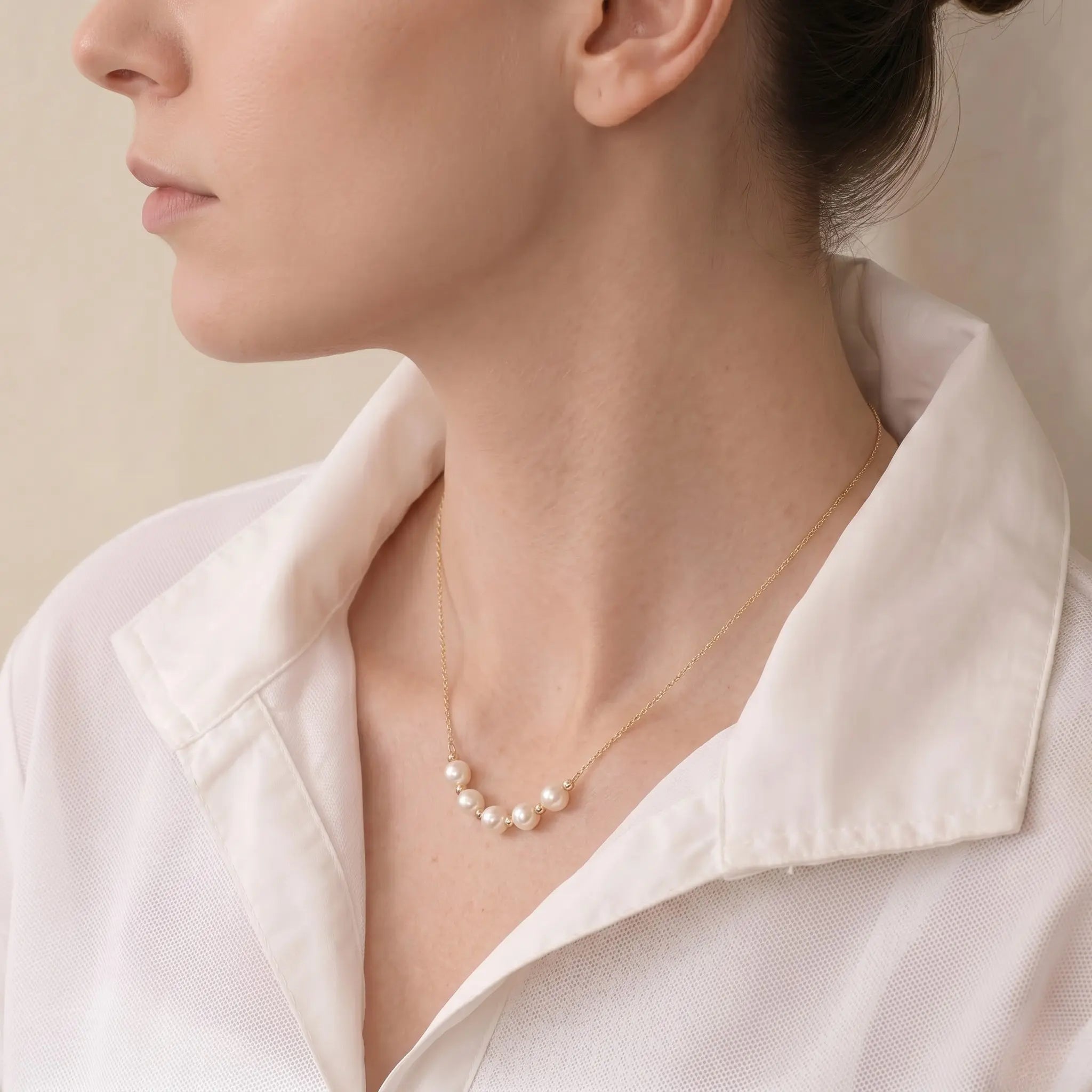 Versatile 18K Solid Gold Sliding Pearl Necklace, 2-in-1 Station 5-5.5mm Freshwater Pearl Choker for Women