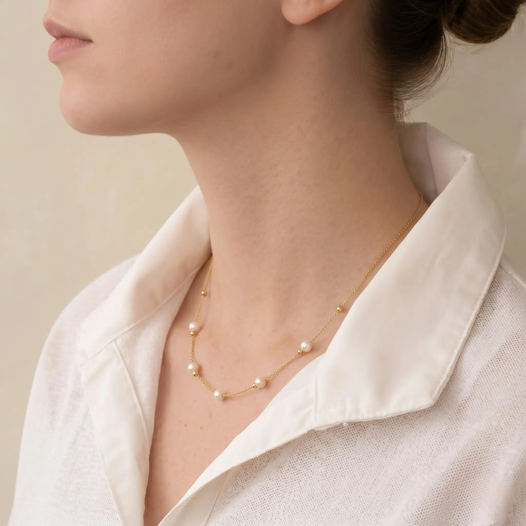 Versatile 18K Solid Gold Sliding Pearl Necklace, 2-in-1 Station 5-5.5mm Freshwater Pearl Choker for Women