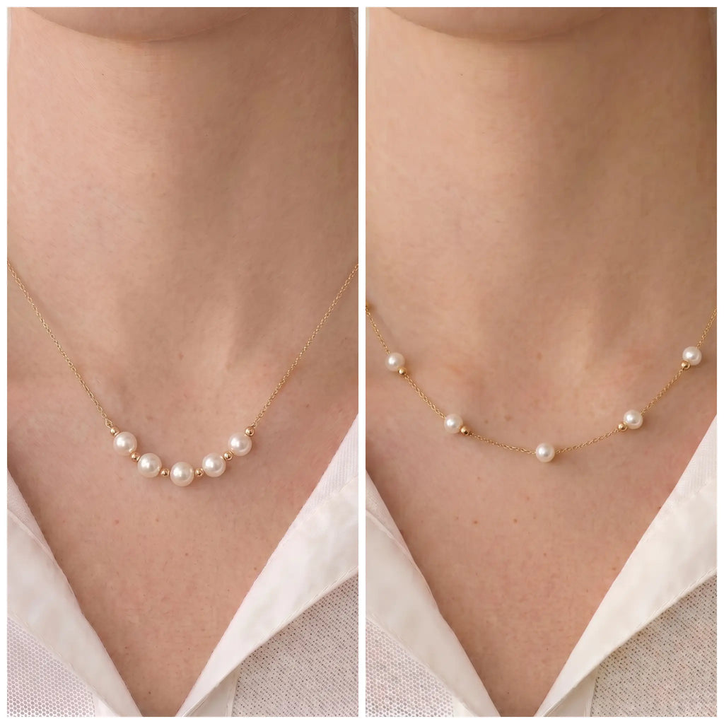 Versatile 18K Solid Gold Sliding Pearl Necklace, 2-in-1 Station 5-5.5mm Freshwater Pearl Choker for Women