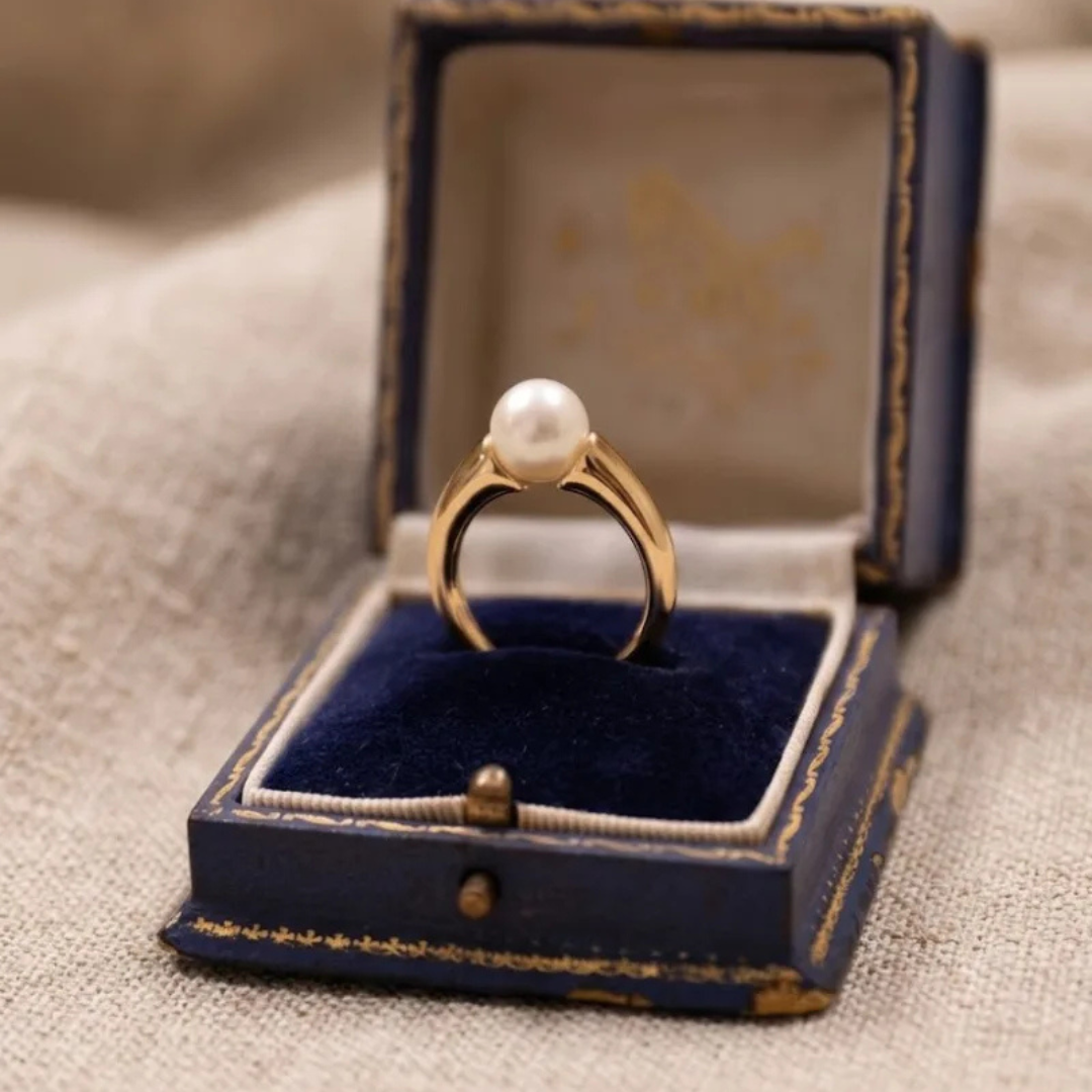 7-7.5mm  Akoya Pearl Ring, Genuine Japanese White Pearl Jewelry